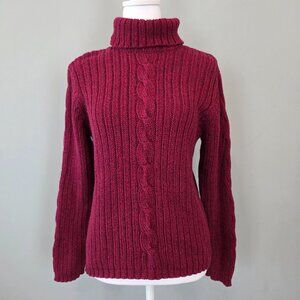 Chunky Cable Knit Comfy Soft Cozy Burgundy Cranberry Cotton Turtleneck Sweater M